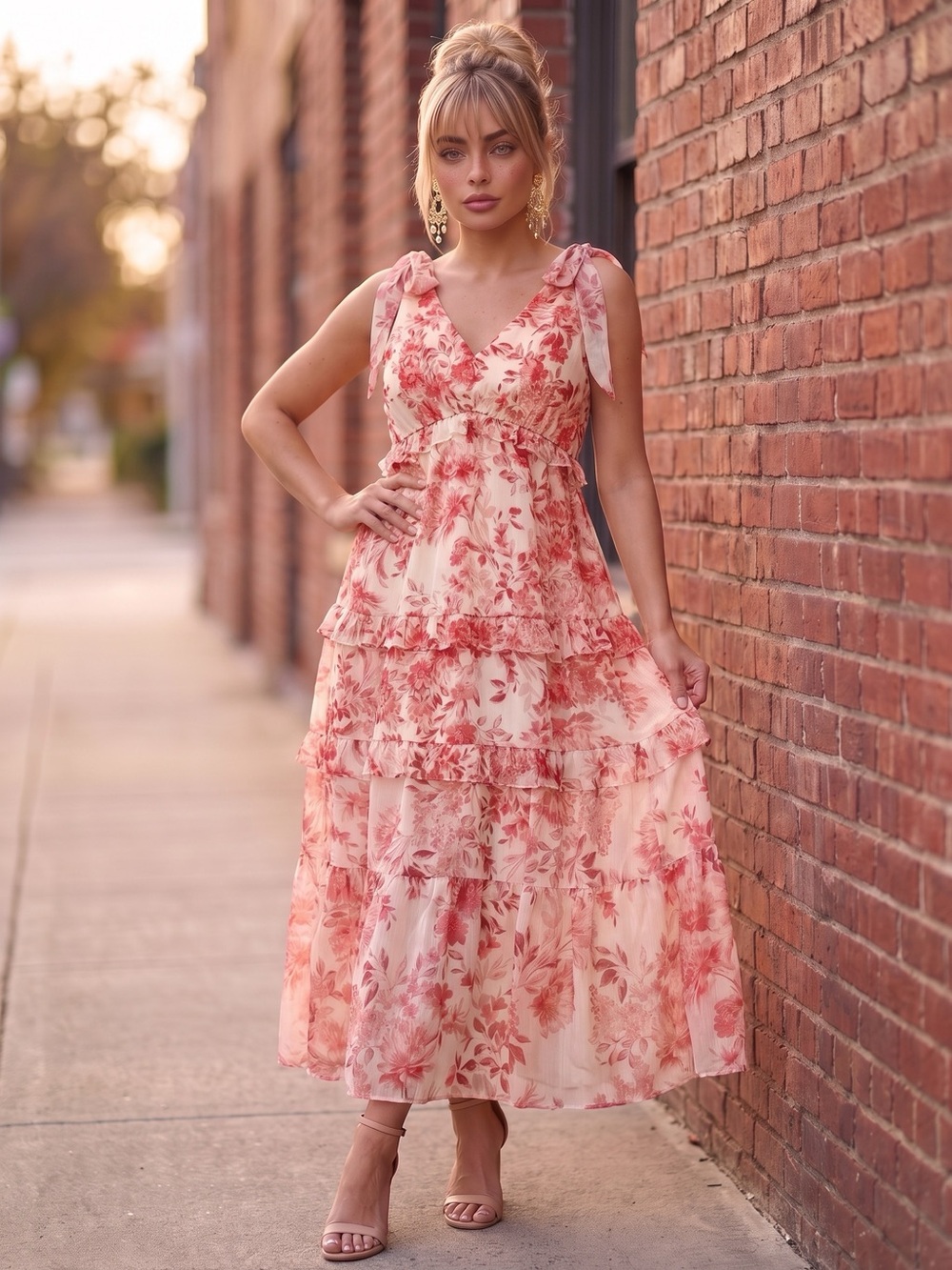 Alexa B Floral Tie-Shoulder Cream Women’s Boho Maxi Dress with Pink Print